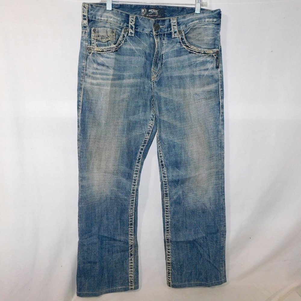 Silver Jeans Gordie Flap Blue Loose Fit Straight Leg Distressed Mens 34 / 32